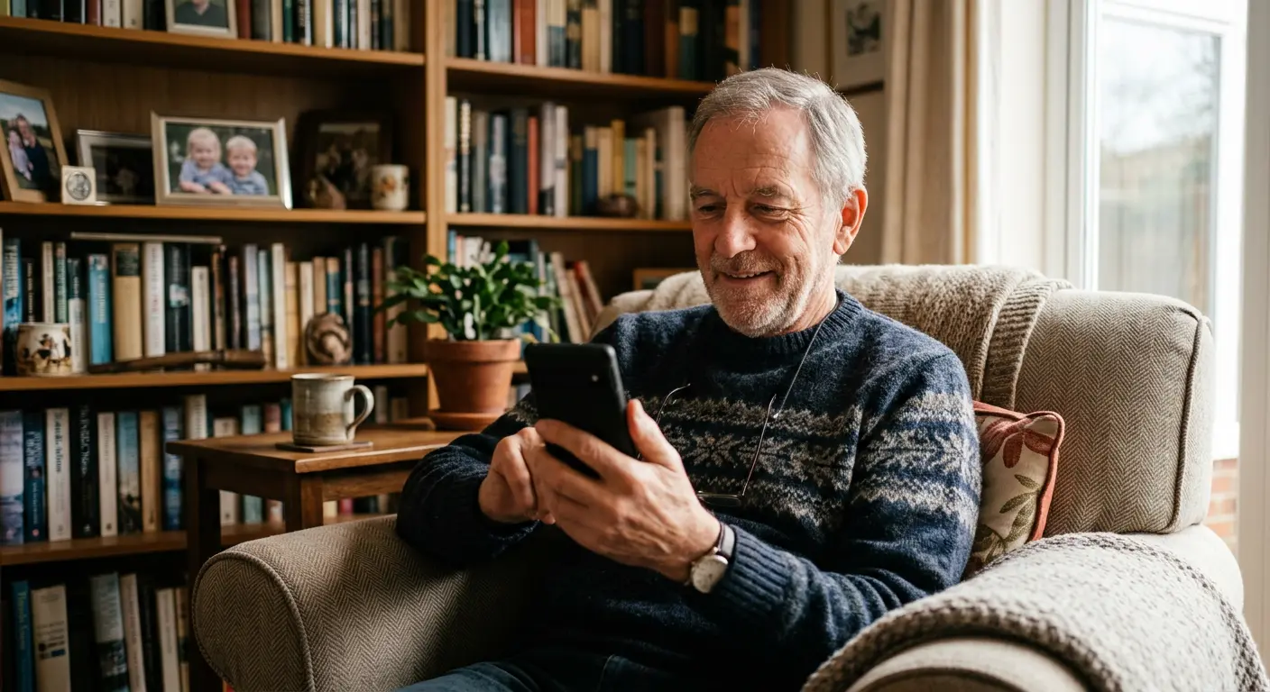 Senior man reading about life insurance on his phone at home